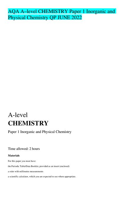 Aqa A Levelchemistry Paper Inorganic And Physical Chemistry Mark Hot