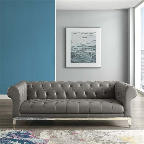 Idyll Tufted Button Upholstered Leather Chesterfield Sofa In Gray