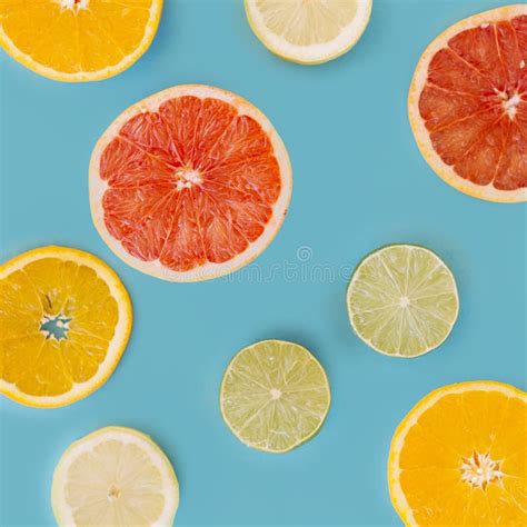 Slice Various Citrus Fruits Blue Surface High Quality Photo Stock