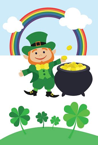 St Patricks Day Leprechaun Clovers And Pot Of Gold Stock Illustration