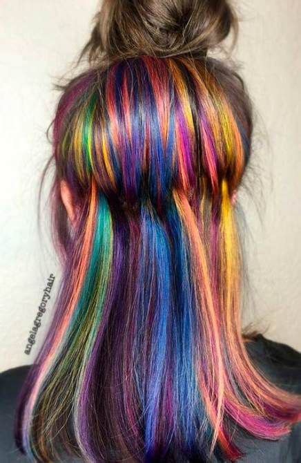 Hair Rainbow Highlights Colour 19 Trendy Ideas Hidden Rainbow Hair Hair Styles Rainbow Hair