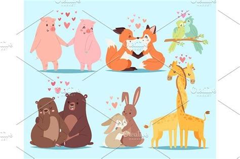 Animals Couple In Love Valentines Day Holiday Vector Illustration