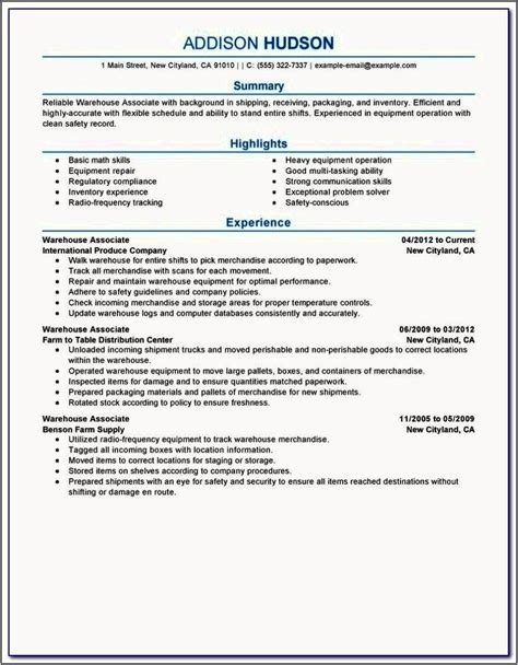 Sample Entry Level Warehouse Worker Resume Resume Example Gallery