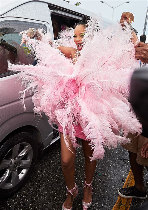 rihanna s pink feathers at crop over in barbados — see pics hollywood life