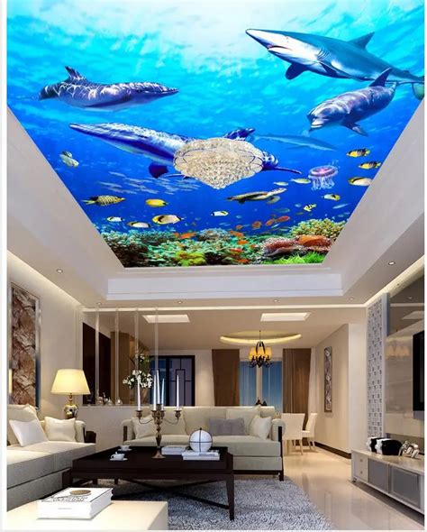 Underwater World Dolphin Ceiling 3d Wallpaper Modern For Living Room