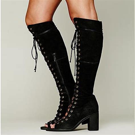 botas mujer gladiator sandals women knee high over the knee boots summer peep toe lace up black