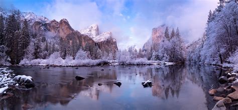 Photography Nature Landscape Winter Valley Forest River Mountains Snow