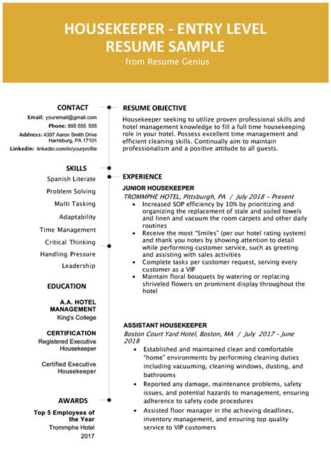 Looking for free resume examples? Entry-Level Hotel Housekeeper Resume Sample