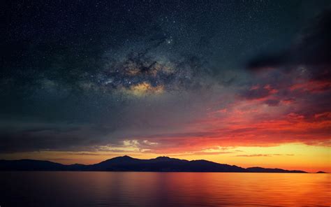 Wallpaper Landscape Sunset Sea Galaxy Nature Long Exposure