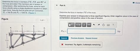 Solved Determine The Force In Members Fe Fb And Bc Of The Chegg