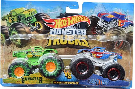 Amazon Com Hot Wheels Monster Trucks Gunkster Vs Race Ace Demolition Doubles Toys Games
