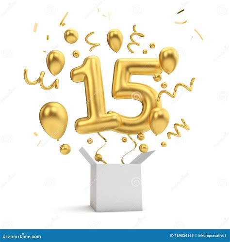 Happy 15th Birthday Gold Surprise Balloon And Box 3d Rendering Stock