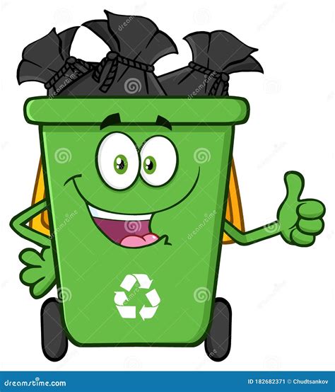 Happy Green Recycle Bin Cartoon Mascot Character Full With Garbage Bags