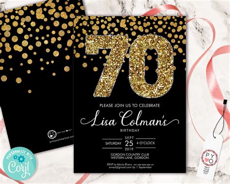 Diy 70th Birthday Confetti Invitation Printable Template Black Gold