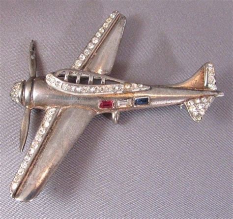 Vintage Sterling Silver Rhinestone 1940s Airplane Brooch Pendant Pin