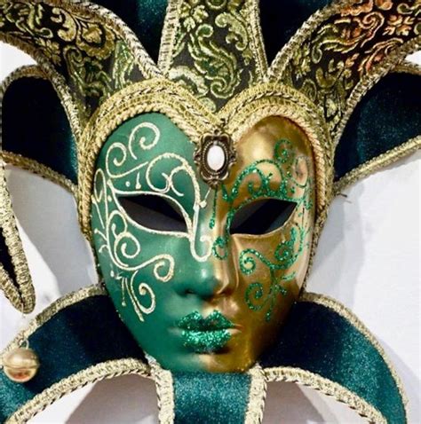 Venetian Green And Gold Modern Mask With Jester Collar And Bells At
