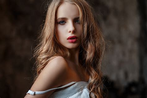 Women Brunette Long Hair Face Blue Eyes Vlad Popov White Clothing