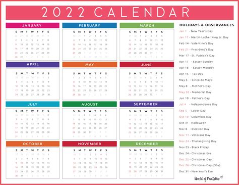Printable Yearly Calendar With Us Bank Holidays 2022 Printable