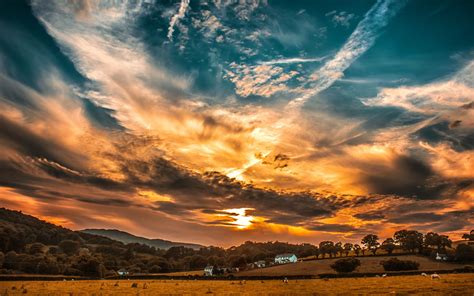 Download Wallpaper 3840x2400 Sunset Sky Clouds Field Trees Horizon