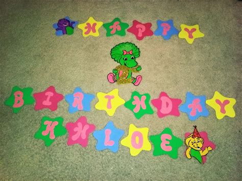 Barney Party Birthday Banner Sparkly Letters And Hand Drawn Characters