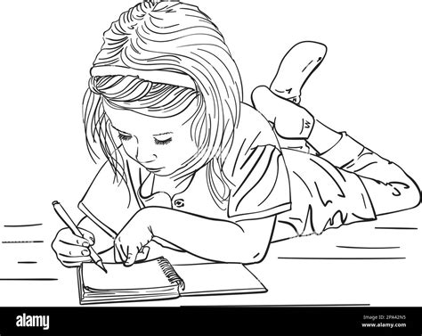 Child Girl Writing In Note Book While Lying On Floor Vector Sketch