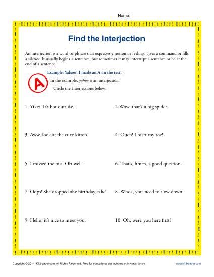 Find The Interjection 5th Grade Grammar Worksheets