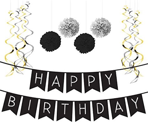 Buy Birthday Party Pack Black And Silver Happy Birthday Bunting Poms