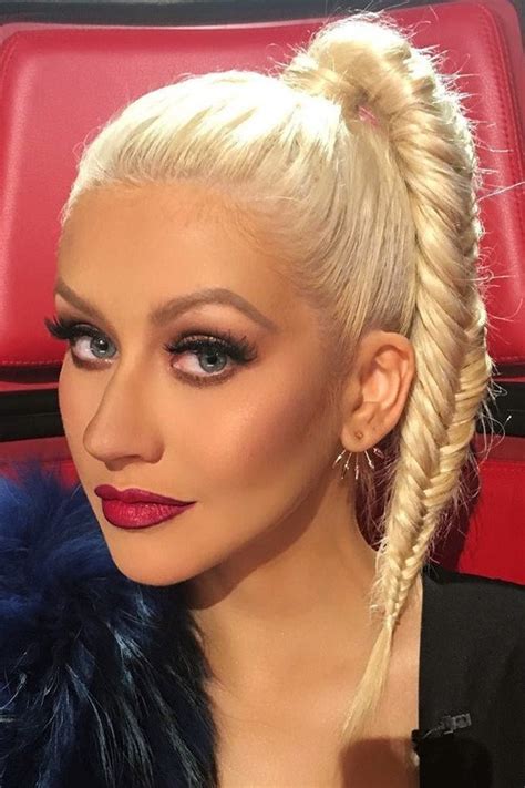 Christina Aguilera Straight Platinum Blonde Fishtail Braid Hairstyle