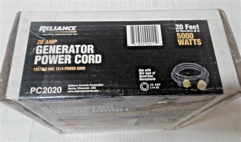 Reliance Generator Power Cord — 20 Amps 125250 Volts 20ft Model