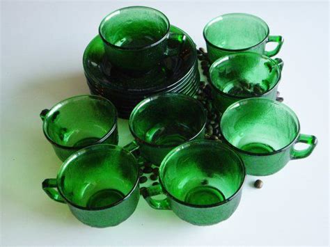 Arcoroc Sierra Cups And Saucers Emerald Green Glass Coffee Etsy