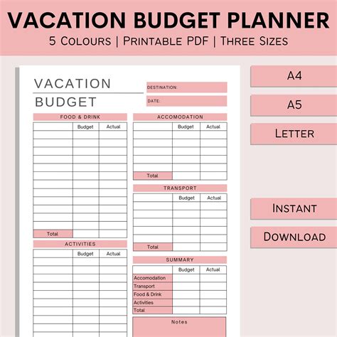 Vacation Budget Planner Printable Holiday Spreadsheet Budget Log Travel