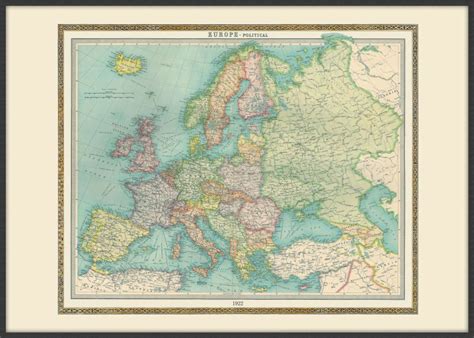 Large Vintage Political Europe Map 1922 Pinboard And Wood Frame Black