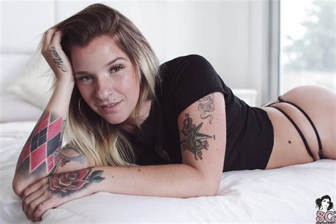 Wallpaper Women Long Hair Tattoo In Bed Pillow Suicide Girls Anikia Suicide Brunette