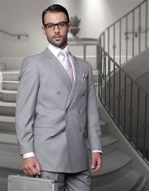 Tzd 100 Gray Classic Double Breasted Solid Color Mens Suit By Statement
