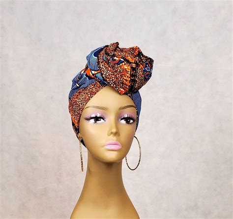 African American Head Wraps For Women Brown Blue Cotton Fabric