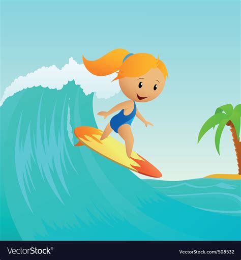 Cartoon Cute Little Girl Surfing On Waves Vector Image