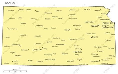 Kansas Outline Map With Capitals And Major Cities Digital Vector