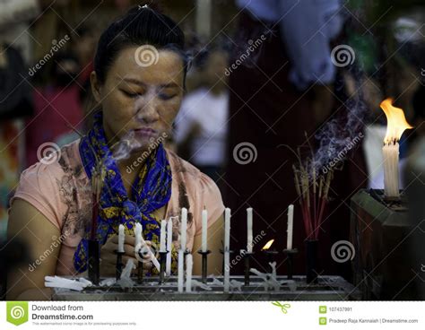 Woman Praying Inside Shwedagon Pagoda In Yangon Myanmar Editorial