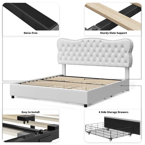 Homfa White King Bed Frame With Drawer Pu Leather Upholstered Storage