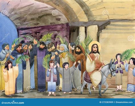 Watercolor Illustration Of Palm Sunday Jesus Christ Enters Jerusalem