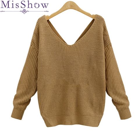sexy deep v neck criss cross back sweater solid 3 colors long sleeve knitted pullover casual