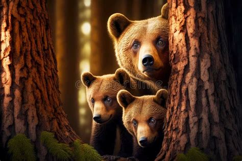 Funny Cute Bear With Cubs Peeking Out From Behind Tree Stock Photo