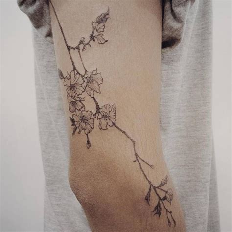 Fine Line Style Cherry Blossom Tattoo On The Right Arm Line Tattoos
