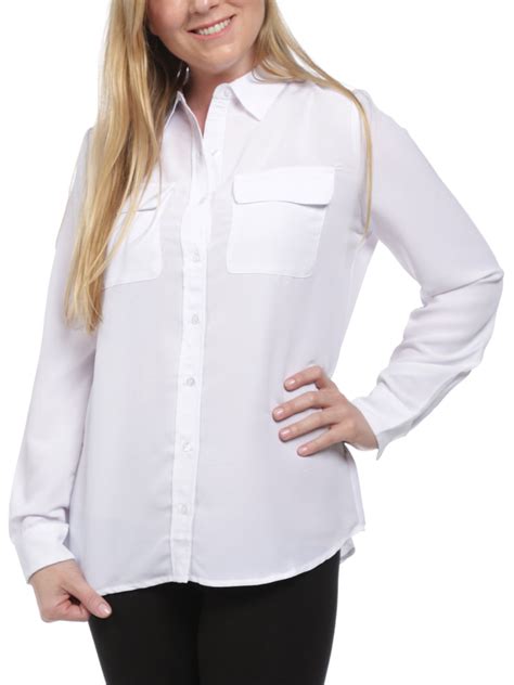 August Silk August Silk Womens Long Sleeve Button Down Blouse With Pockets White Large