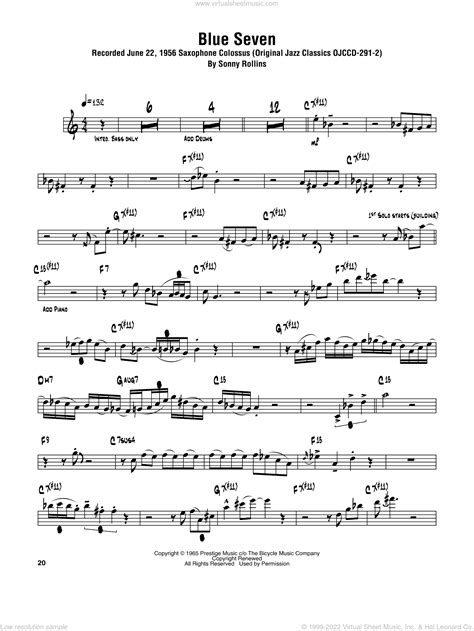 Sonny Rollins Blue Seven Sheet Music For Tenor Saxophone Solo Transcription