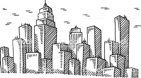 Hand Drawn Vector Drawing Of A Big City Skyline Black And White