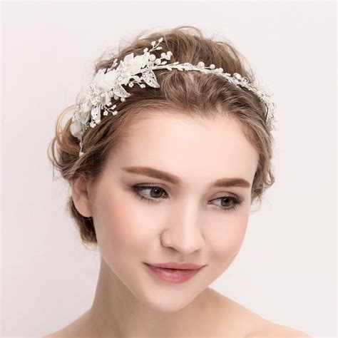 Charming Organza Crystal Beaded Flower Headband Tiara Wedding Handmade Silver Plated Rhinestone