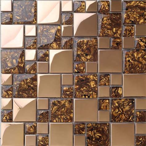Gold Stainless Steel Wall Tile With Porcelain Base Metal Glass Mosaics