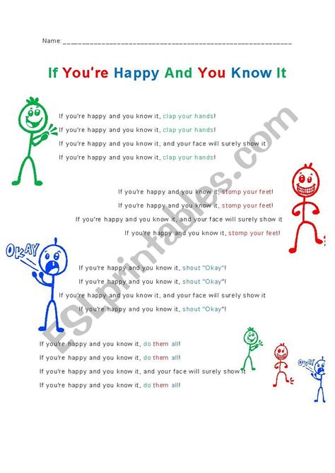 If You´re Happy And You Know It Lyrics Sheet Esl Worksheet By Phoebesama