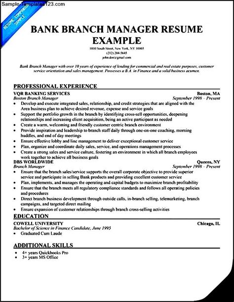 Bank Branch Manager Resume Sample Templates Sample Templates